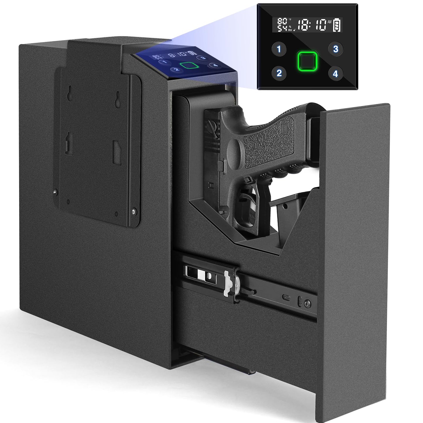 Biometric Slider Handgun Gun Safe for Nightstand, Desk, Bed Side,Truck - Auto Sliding Door Hand Gun Safe for Pistol - with Fingerprint, PIN Code, KEY Access - digibuy