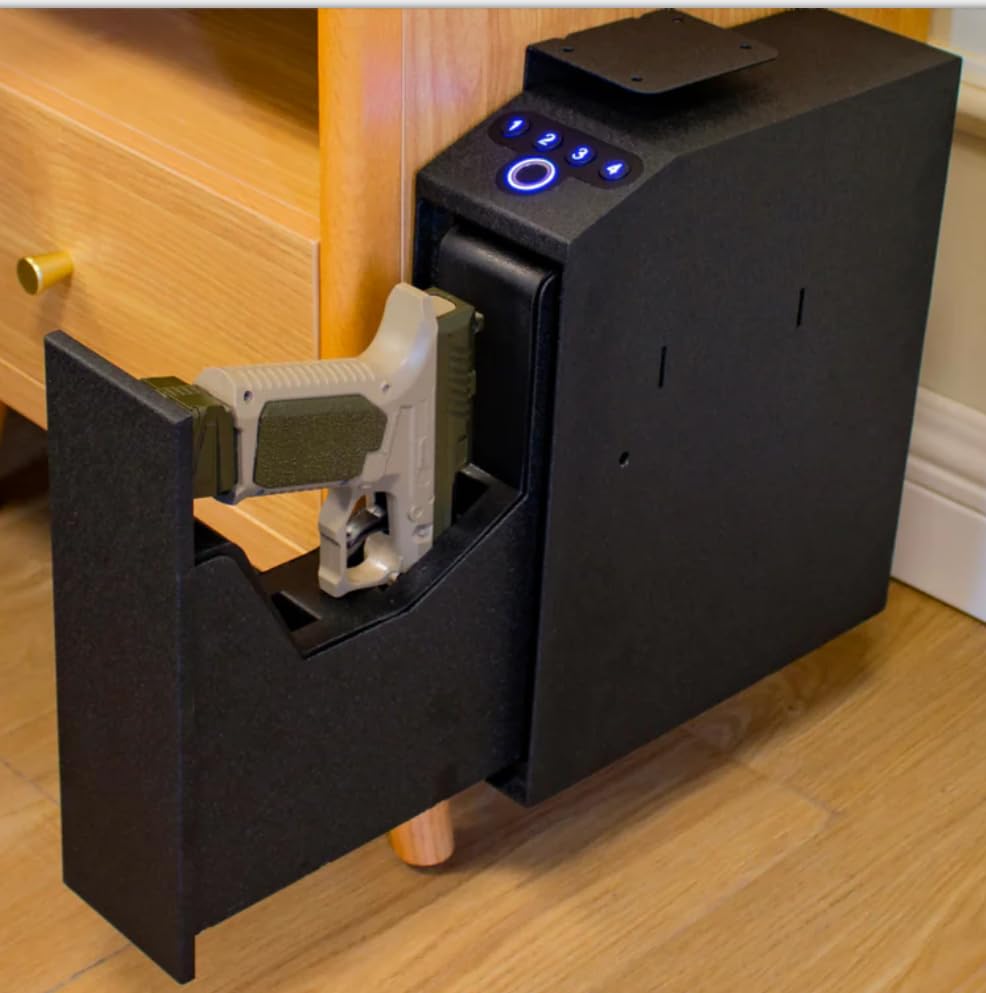 Biometric Slider Handgun Gun Safe for Nightstand, Desk, Bed Side,Truck - Auto Sliding Door Hand Gun Safe for Pistol - with Fingerprint, PIN Code, KEY Access - digibuy