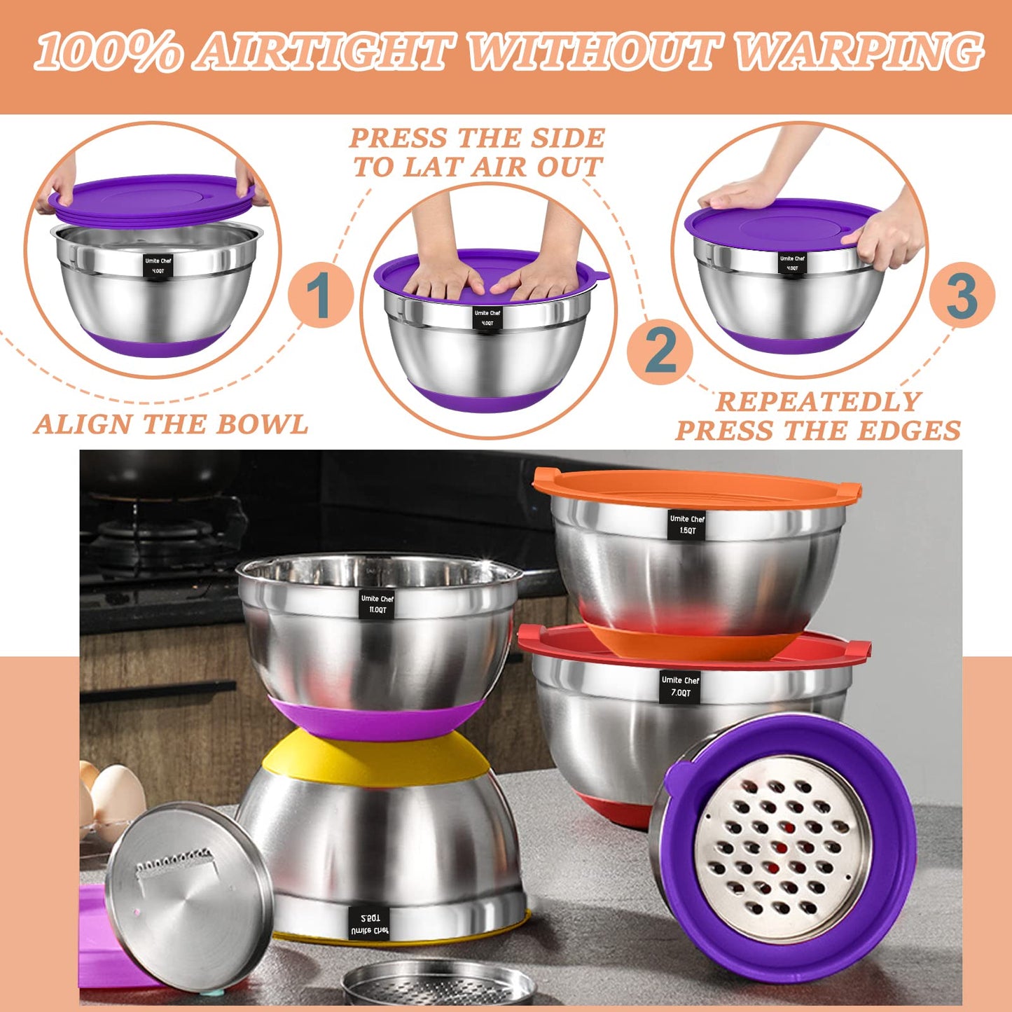 Mixing Bowls with Airtight Lids Set, 26PCS Stainless Steel Khaki Bowls with Grater Attachments, Non - Slip Bottoms & Kitchen Gadgets Set, Size 7, 4, 2.5, 2.0,1.5, 1QT, Great for Mixing & Serving - digibuy