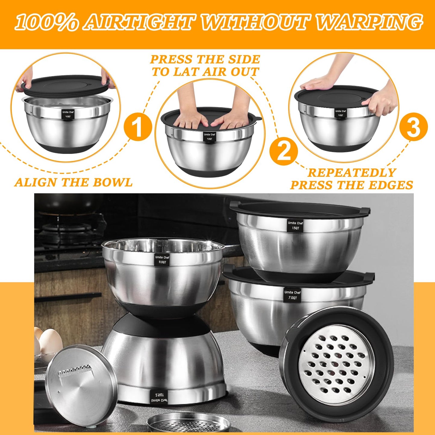 Mixing Bowls with Airtight Lids Set, 26PCS Stainless Steel Khaki Bowls with Grater Attachments, Non - Slip Bottoms & Kitchen Gadgets Set, Size 7, 4, 2.5, 2.0,1.5, 1QT, Great for Mixing & Serving - digibuy
