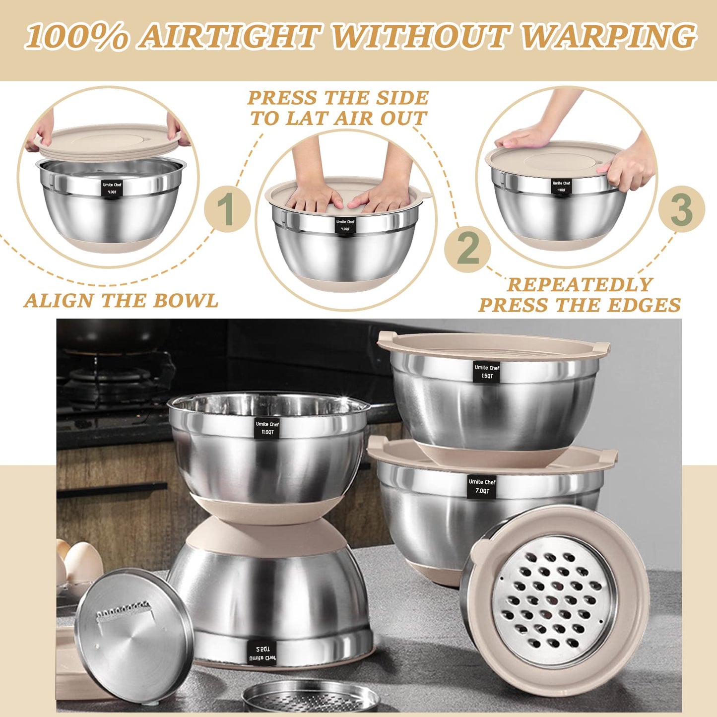 Mixing Bowls with Airtight Lids Set, 26PCS Stainless Steel Khaki Bowls with Grater Attachments, Non - Slip Bottoms & Kitchen Gadgets Set, Size 7, 4, 2.5, 2.0,1.5, 1QT, Great for Mixing & Serving - digibuy