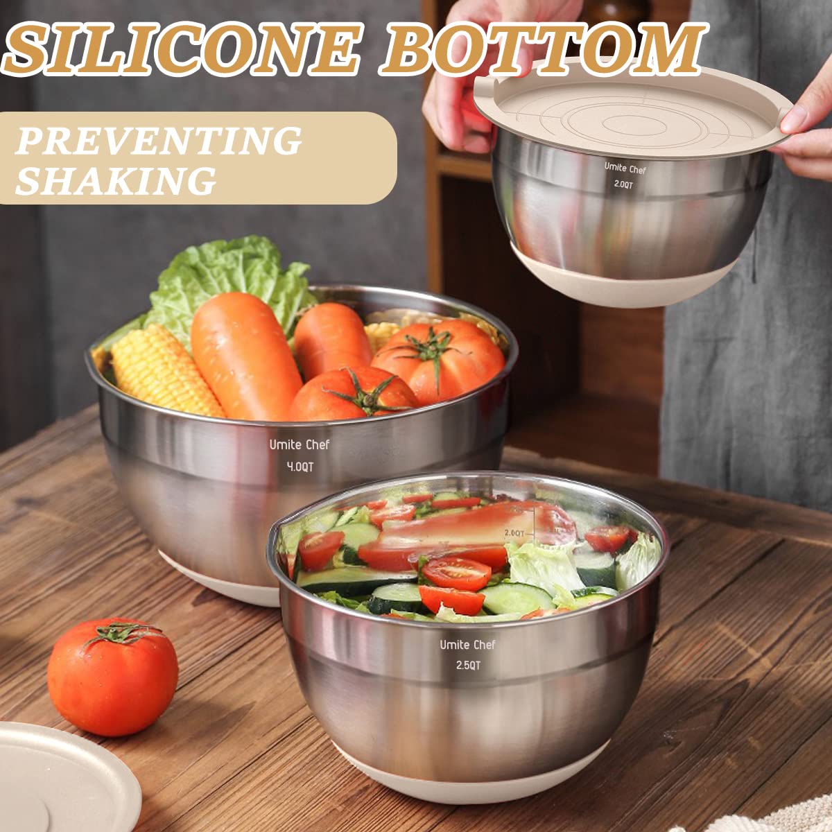 Mixing Bowls with Airtight Lids Set, 26PCS Stainless Steel Khaki Bowls with Grater Attachments, Non - Slip Bottoms & Kitchen Gadgets Set, Size 7, 4, 2.5, 2.0,1.5, 1QT, Great for Mixing & Serving - digibuy