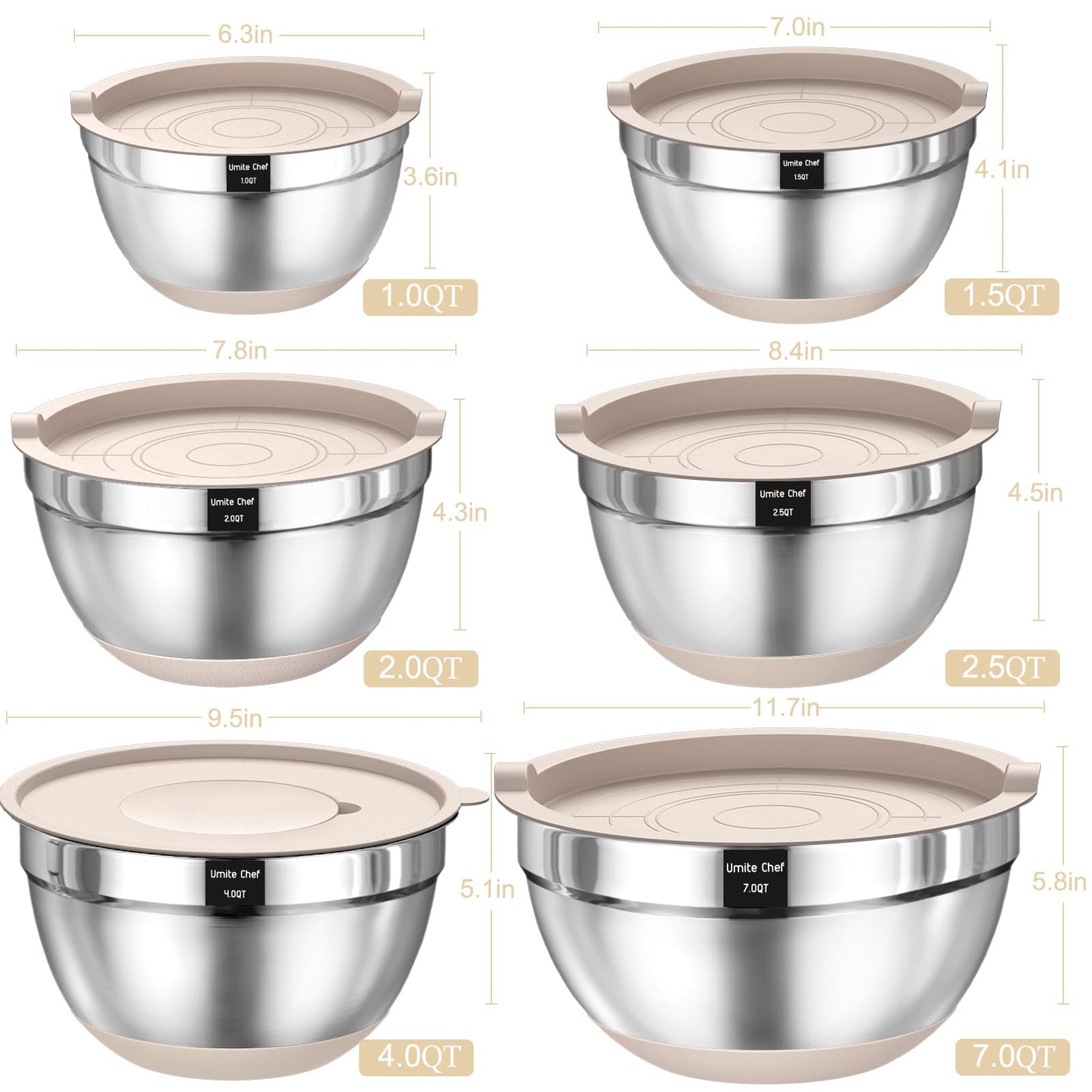 Mixing Bowls with Airtight Lids Set, 26PCS Stainless Steel Khaki Bowls with Grater Attachments, Non - Slip Bottoms & Kitchen Gadgets Set, Size 7, 4, 2.5, 2.0,1.5, 1QT, Great for Mixing & Serving - digibuy