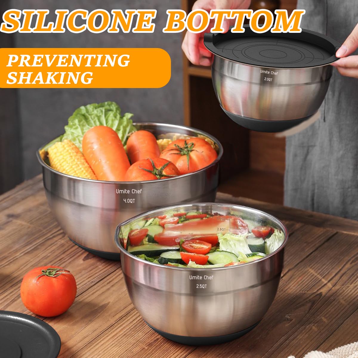 Mixing Bowls with Airtight Lids Set, 26PCS Stainless Steel Khaki Bowls with Grater Attachments, Non - Slip Bottoms & Kitchen Gadgets Set, Size 7, 4, 2.5, 2.0,1.5, 1QT, Great for Mixing & Serving - digibuy