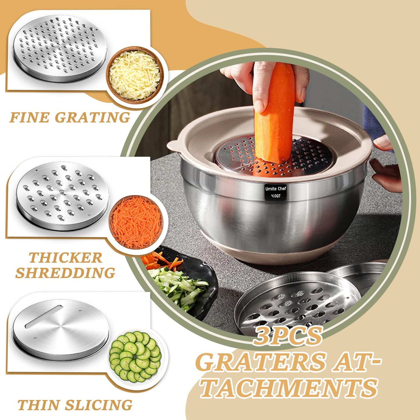 Mixing Bowls with Airtight Lids Set, 26PCS Stainless Steel Khaki Bowls with Grater Attachments, Non - Slip Bottoms & Kitchen Gadgets Set, Size 7, 4, 2.5, 2.0,1.5, 1QT, Great for Mixing & Serving - digibuy