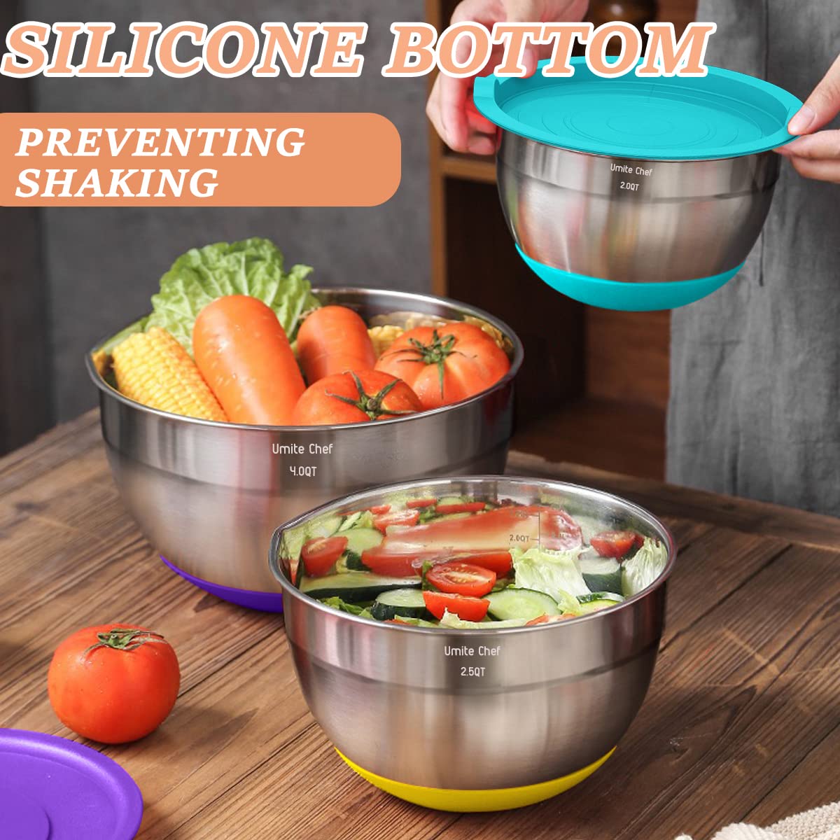 Mixing Bowls with Airtight Lids Set, 26PCS Stainless Steel Khaki Bowls with Grater Attachments, Non - Slip Bottoms & Kitchen Gadgets Set, Size 7, 4, 2.5, 2.0,1.5, 1QT, Great for Mixing & Serving - digibuy