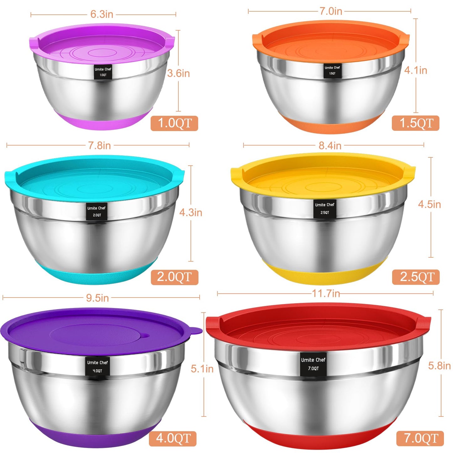 Mixing Bowls with Airtight Lids Set, 26PCS Stainless Steel Khaki Bowls with Grater Attachments, Non - Slip Bottoms & Kitchen Gadgets Set, Size 7, 4, 2.5, 2.0,1.5, 1QT, Great for Mixing & Serving - digibuy