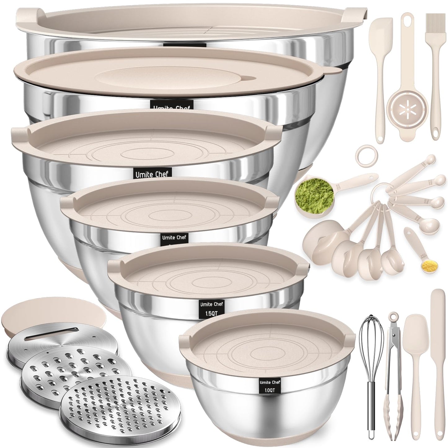 Mixing Bowls with Airtight Lids Set, 26PCS Stainless Steel Khaki Bowls with Grater Attachments, Non - Slip Bottoms & Kitchen Gadgets Set, Size 7, 4, 2.5, 2.0,1.5, 1QT, Great for Mixing & Serving - digibuy