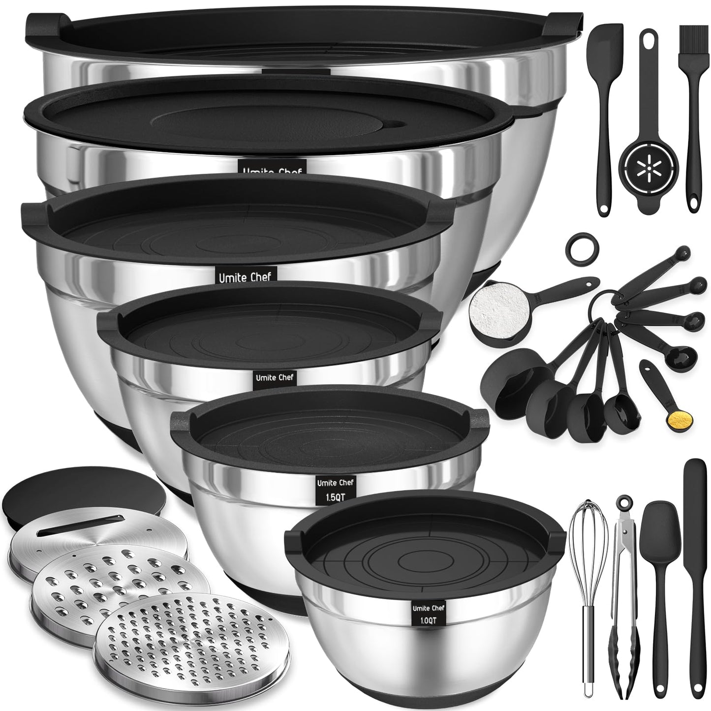 Mixing Bowls with Airtight Lids Set, 26PCS Stainless Steel Khaki Bowls with Grater Attachments, Non - Slip Bottoms & Kitchen Gadgets Set, Size 7, 4, 2.5, 2.0,1.5, 1QT, Great for Mixing & Serving - digibuy