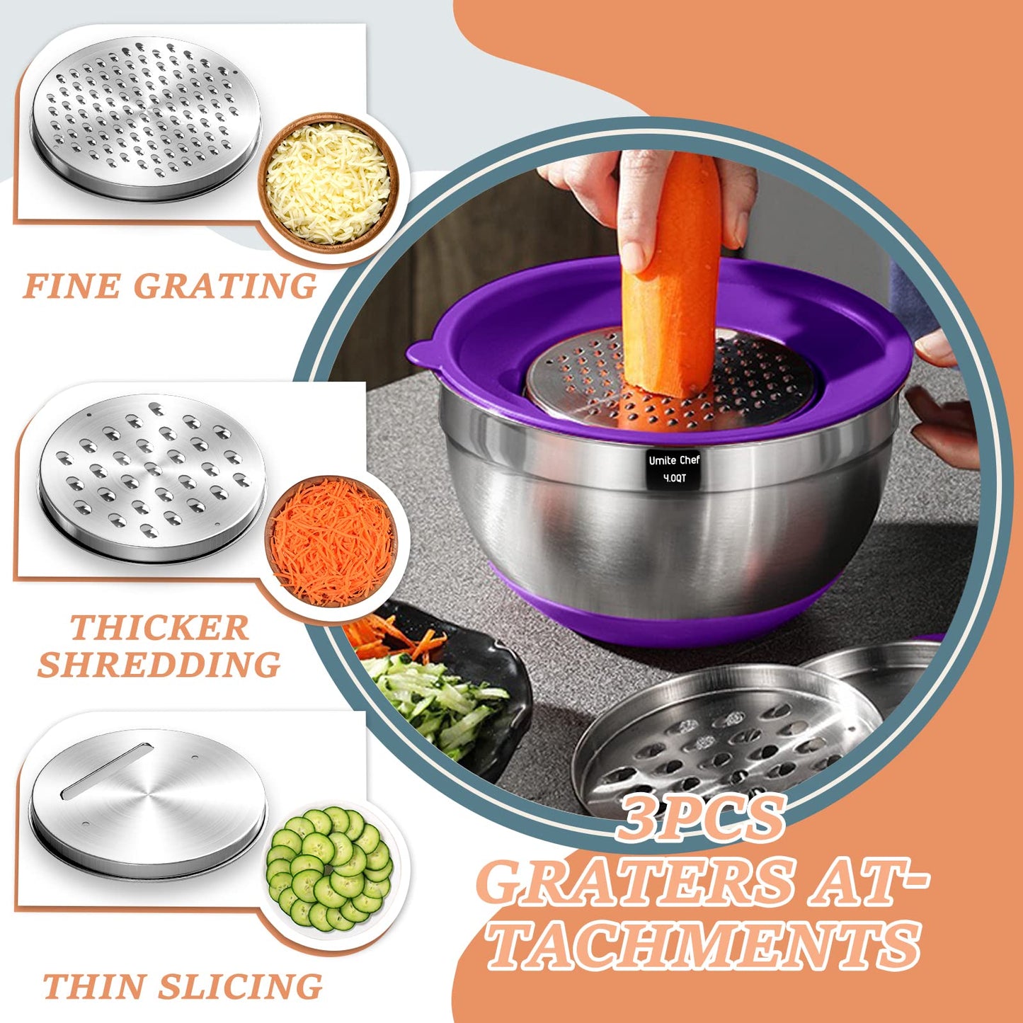 Mixing Bowls with Airtight Lids Set, 26PCS Stainless Steel Khaki Bowls with Grater Attachments, Non - Slip Bottoms & Kitchen Gadgets Set, Size 7, 4, 2.5, 2.0,1.5, 1QT, Great for Mixing & Serving - digibuy