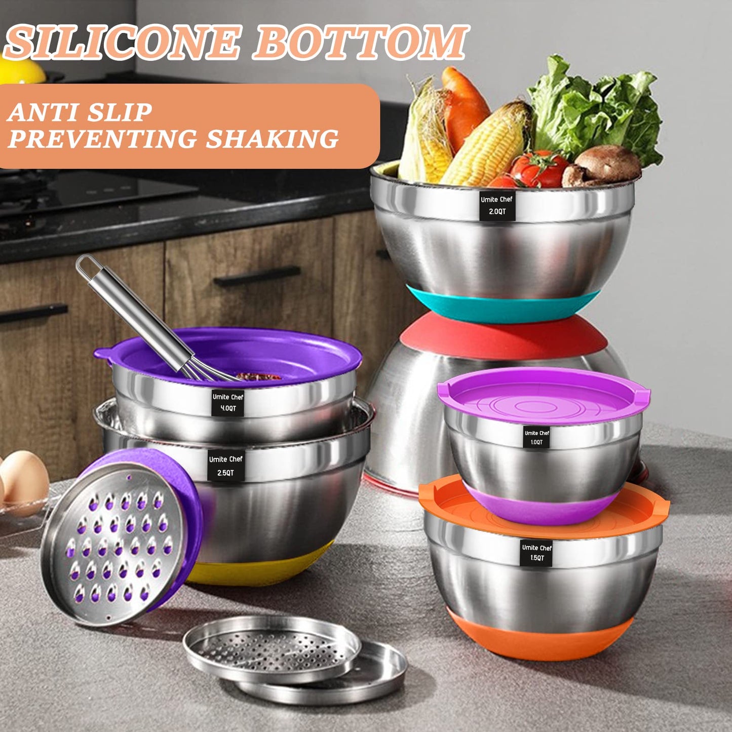 Mixing Bowls with Airtight Lids Set, 26PCS Stainless Steel Khaki Bowls with Grater Attachments, Non - Slip Bottoms & Kitchen Gadgets Set, Size 7, 4, 2.5, 2.0,1.5, 1QT, Great for Mixing & Serving - digibuy