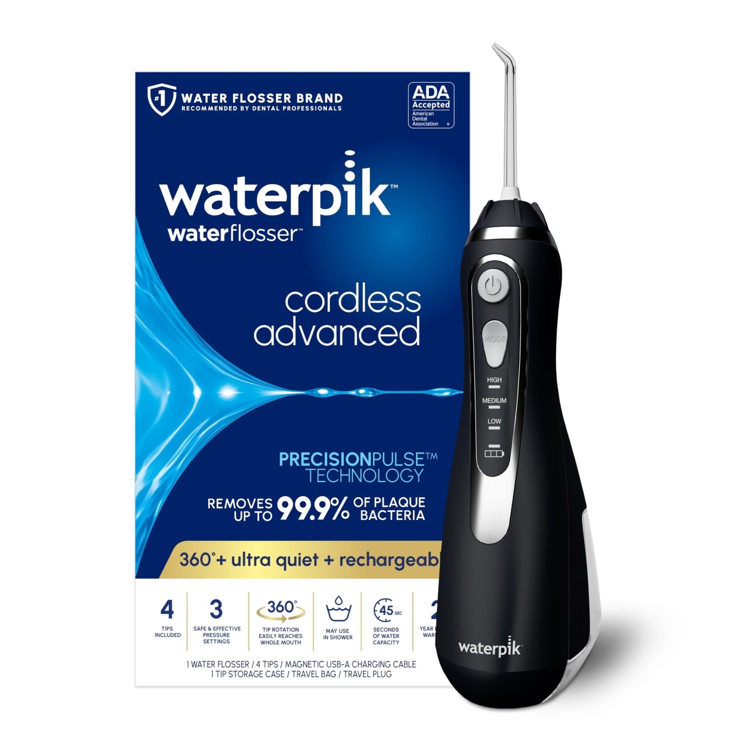 Waterpik Cordless Advanced 2.0 Water Flosser For Teeth, Gums, Braces, Dental Care With Travel Bag and 4 Tips, ADA Accepted, Rechargeable, Portable, and Waterproof, Black WP - 582, Packaging May Vary - digibuy