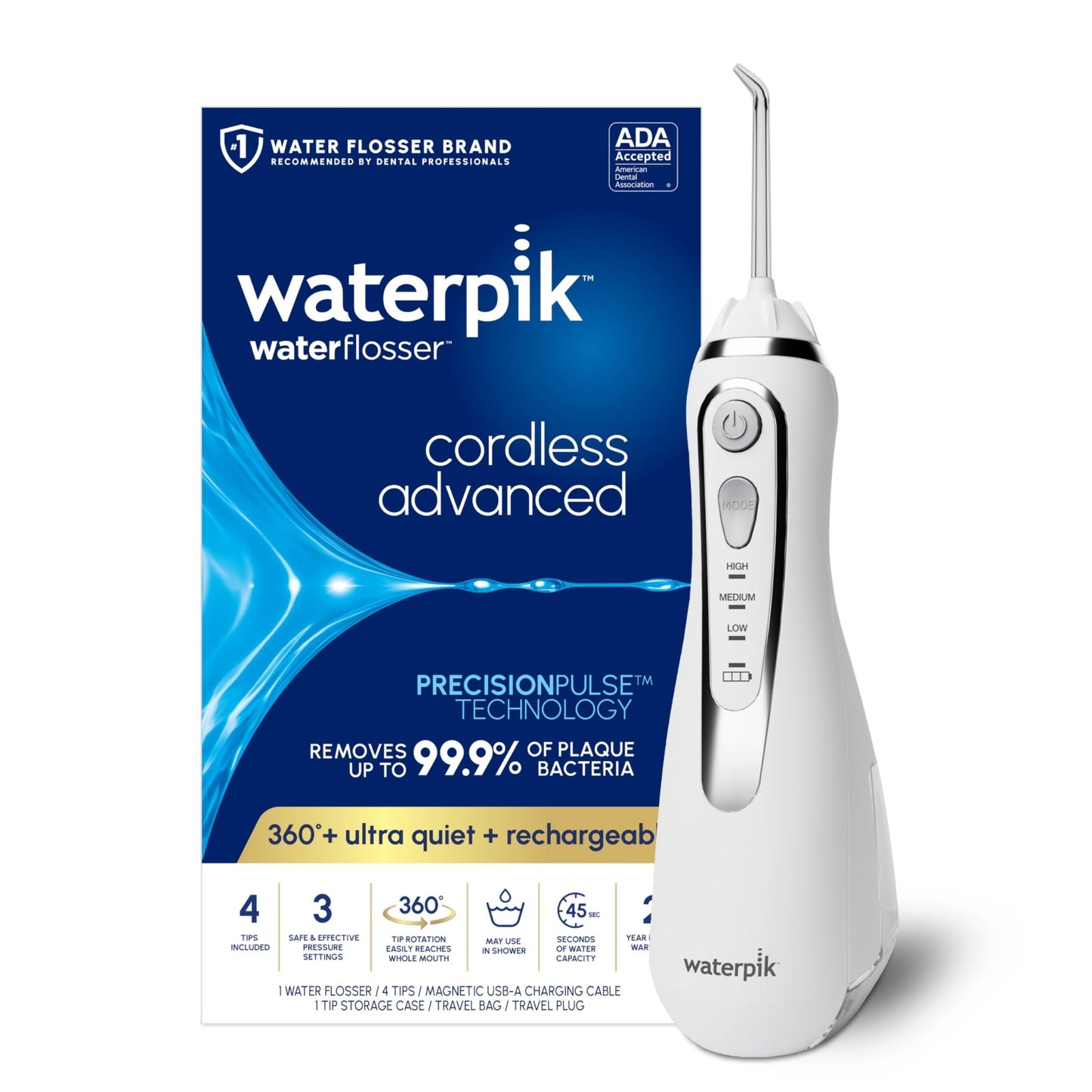 Waterpik Cordless Advanced 2.0 Water Flosser For Teeth, Gums, Braces, Dental Care With Travel Bag and 4 Tips, ADA Accepted, Rechargeable, Portable, and Waterproof, Black WP - 582, Packaging May Vary - digibuy