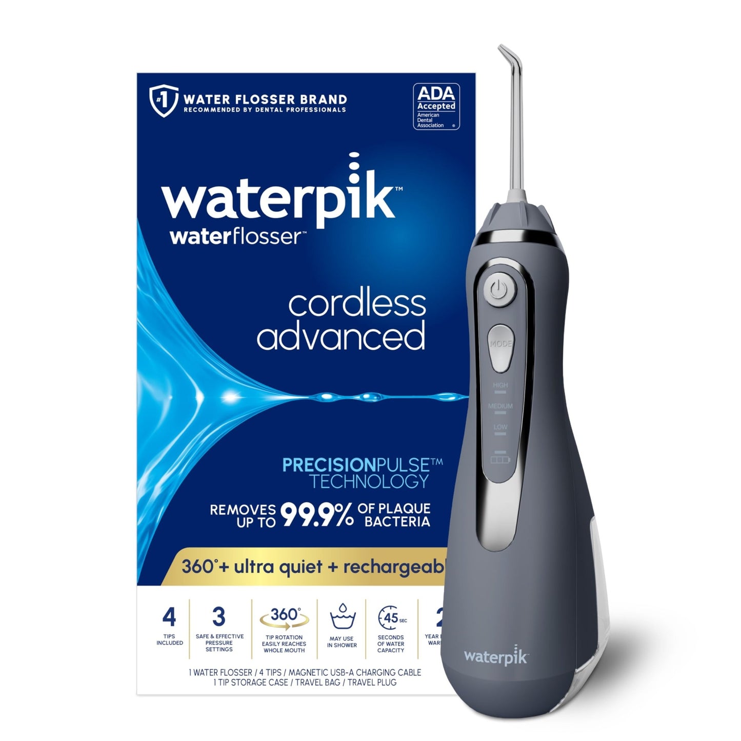 Waterpik Cordless Advanced 2.0 Water Flosser For Teeth, Gums, Braces, Dental Care With Travel Bag and 4 Tips, ADA Accepted, Rechargeable, Portable, and Waterproof, Black WP - 582, Packaging May Vary - digibuy
