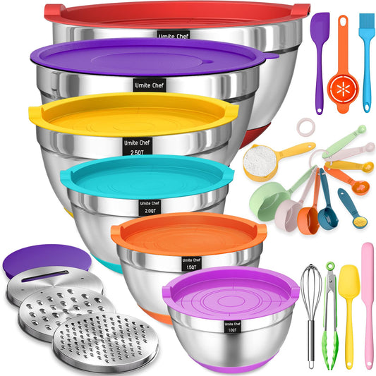 Mixing Bowls with Airtight Lids Set, 26PCS Stainless Steel Khaki Bowls with Grater Attachments, Non - Slip Bottoms & Kitchen Gadgets Set, Size 7, 4, 2.5, 2.0,1.5, 1QT, Great for Mixing & Serving - digibuy